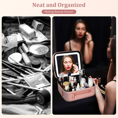 ESTUCHE DE COSMÉTICOS CON ESPEJO LED RECARGABLE ROSADO